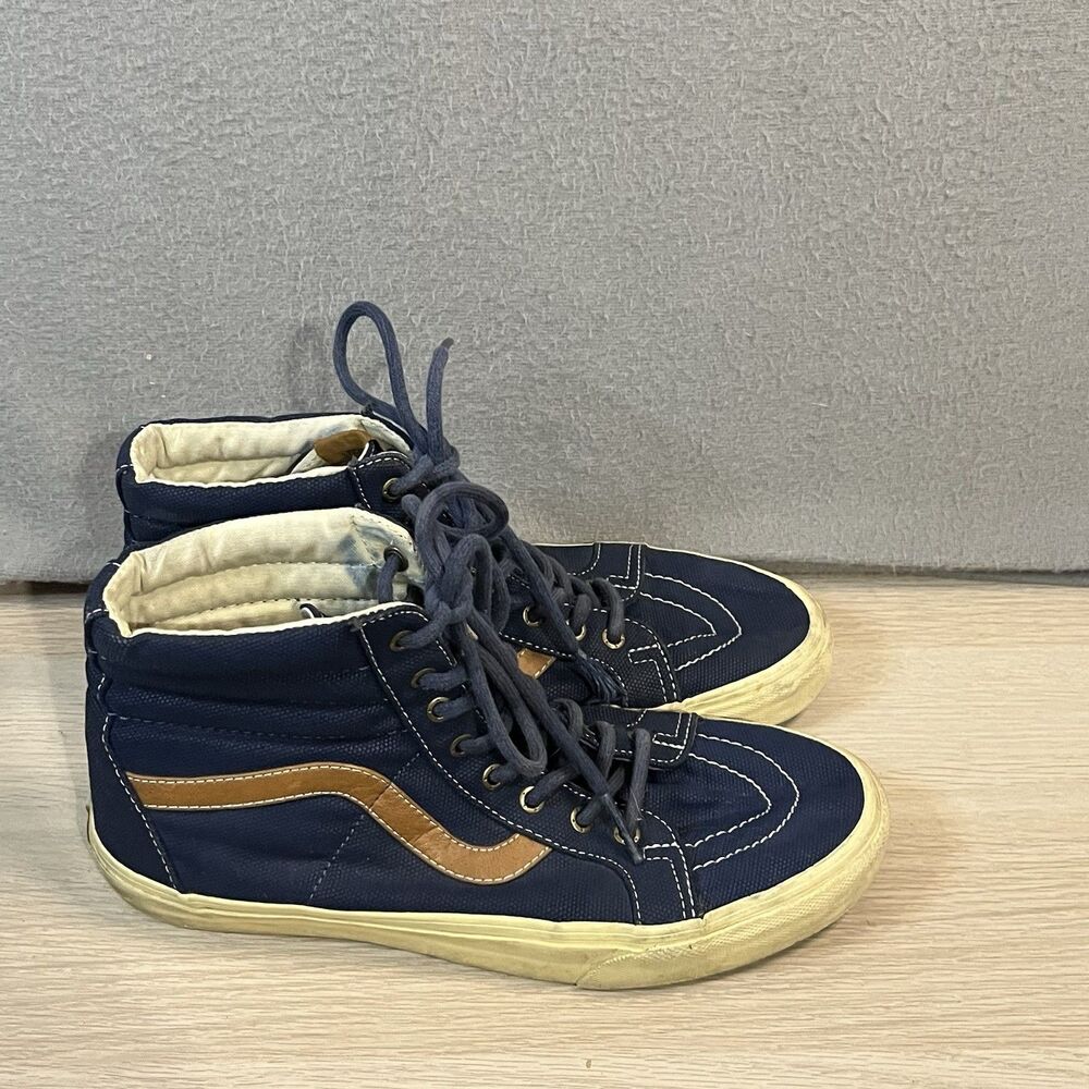Vans SK8-Hi Navy Blue High Top Sneakers Tan Leather Stripe Skate Shoes Mens 8.5